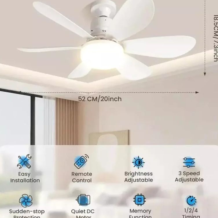 Ventilador instalado no teto, com 52 cm de largura